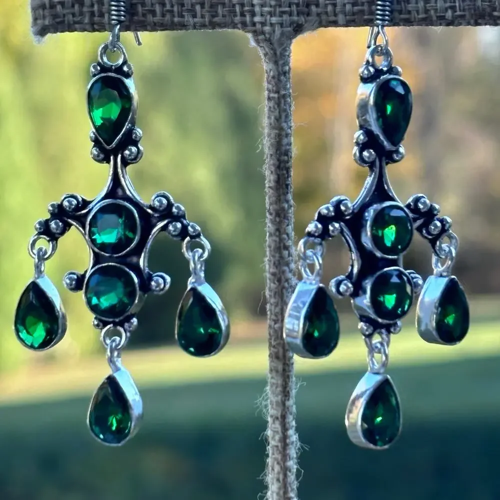 925 Sterling Green Quartz Chandelier Dangle Earrings